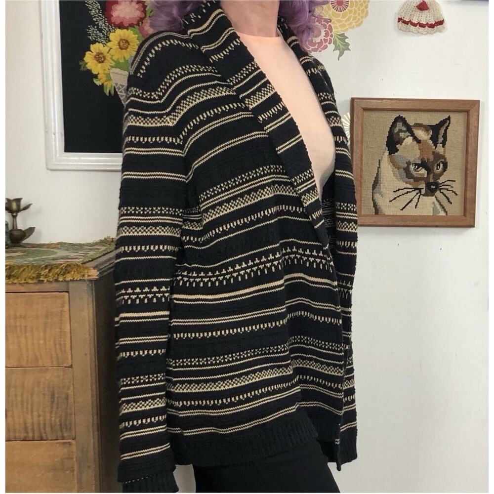 Ralph Lauren‎ Womens Linen Blend Cardigan Size XL Black Striped Southwest Tassel
